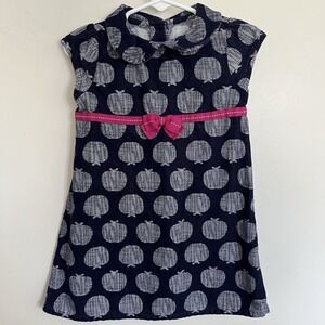 Gymboree Charm Class Girls Navy Apple Print Cap Sleeve Unlined Corduroy Dress 2T